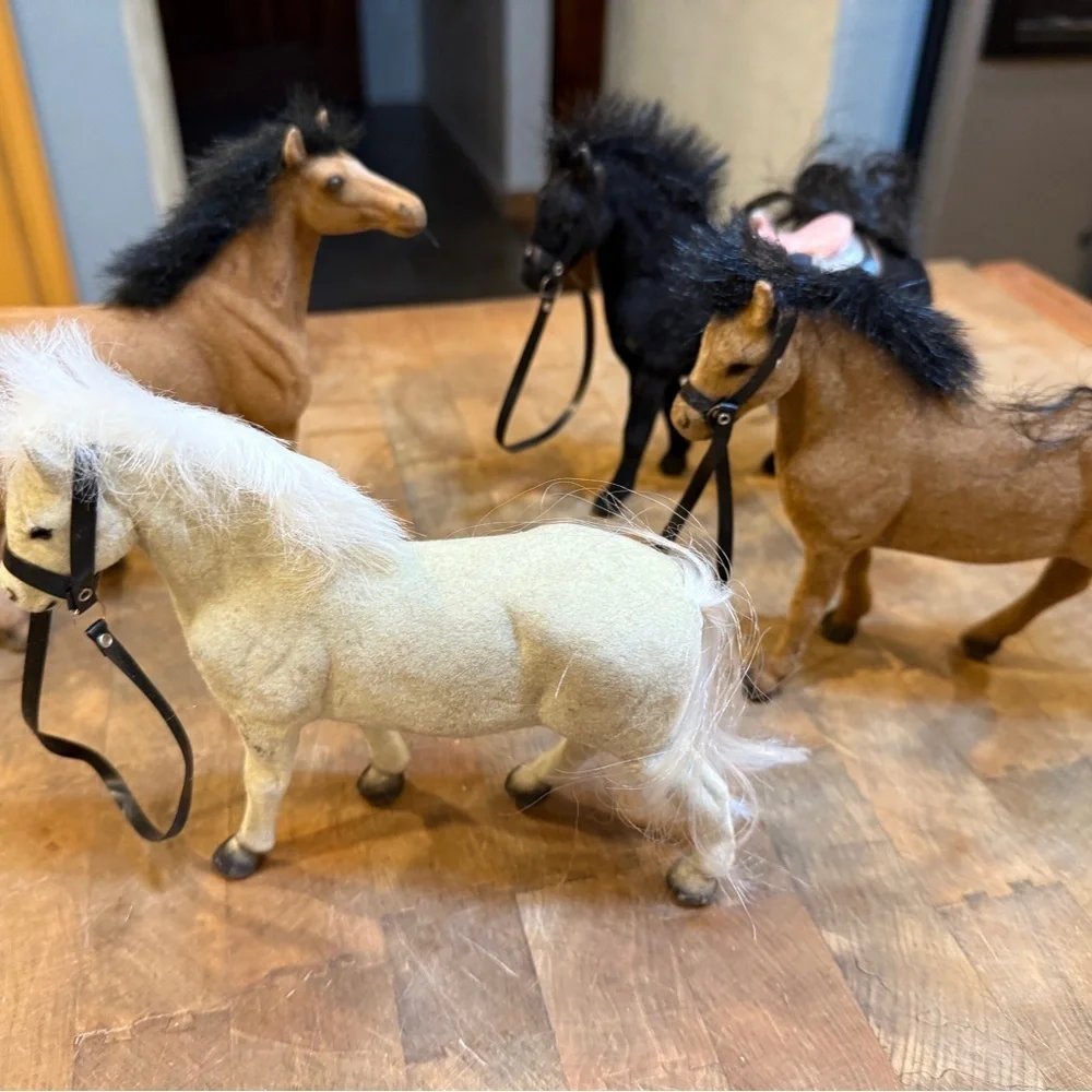 Vintage Flocked Horse Action Figures Set of 4- White, Black, Brown